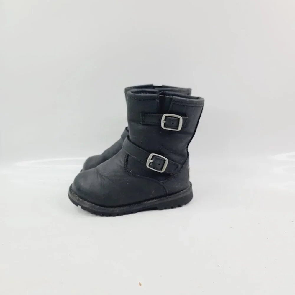 UGG Girl's Black Harwell Leather Dual Buckle Classic Ankle Moto‎ Boot Size 6